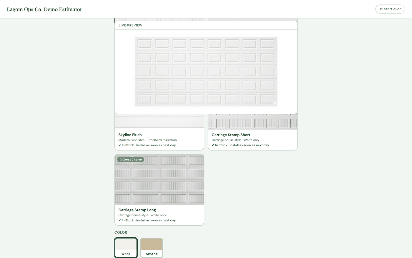 Garage door estimator showing door style selection with live preview